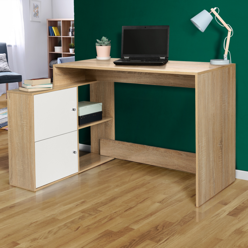 bureau d'angle avec rangement bois imitation hêtre et blanc