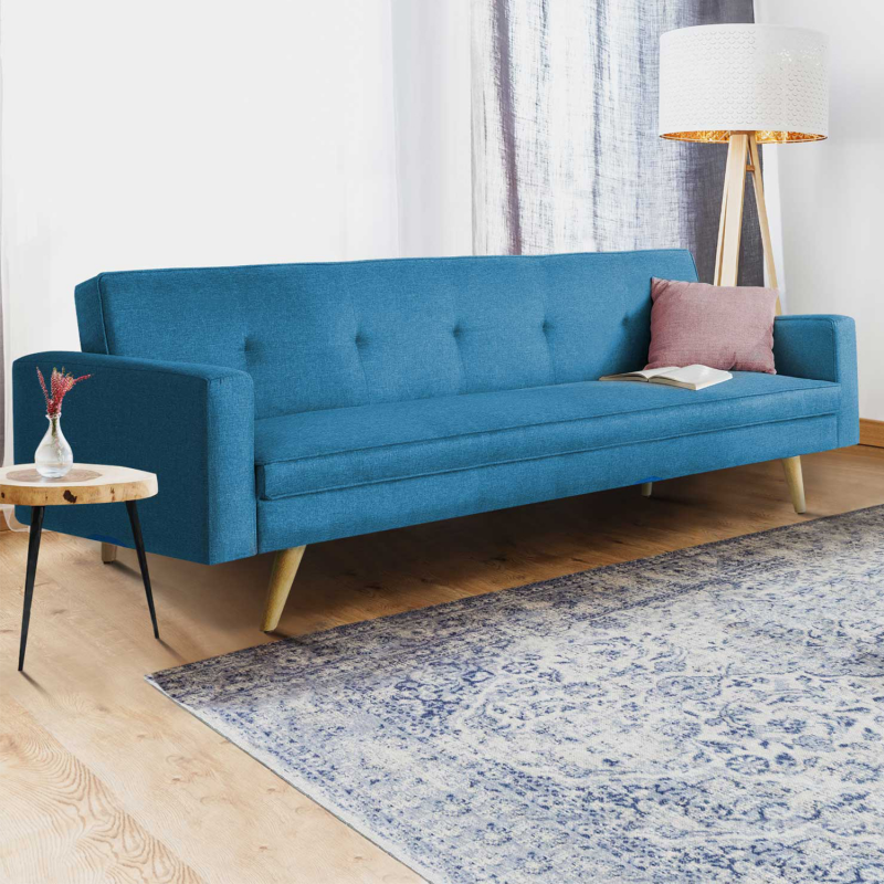 Canapé lit en tissu bleu canard style scandinave