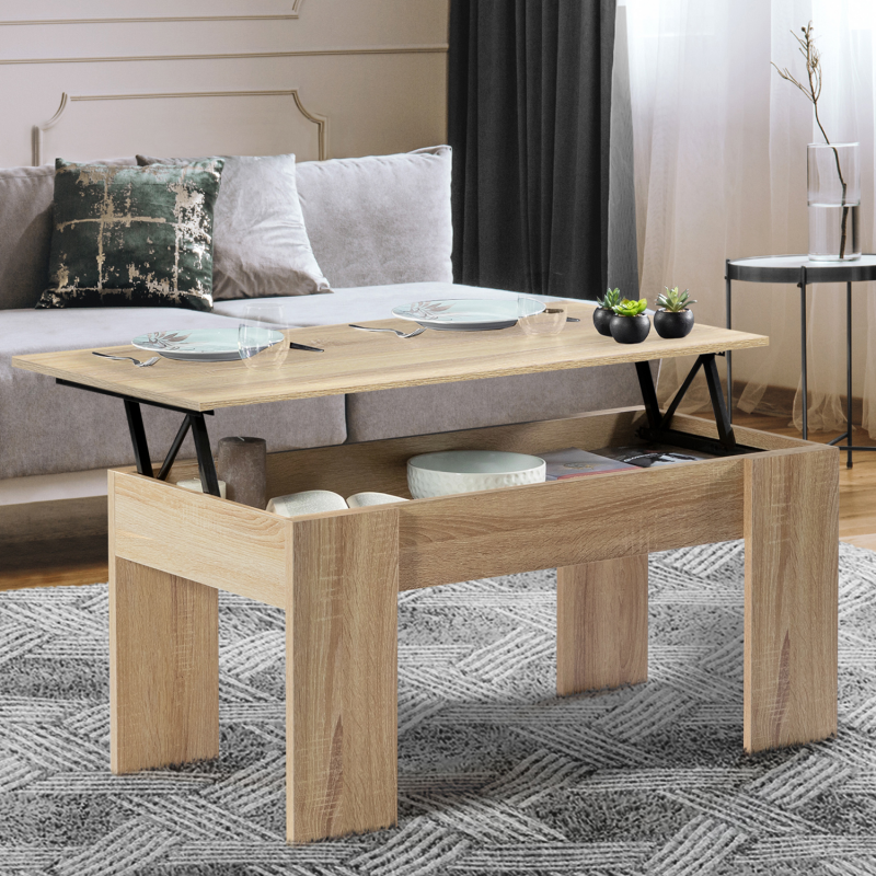 table de salon avec plateau relevable bois imitation hêtre