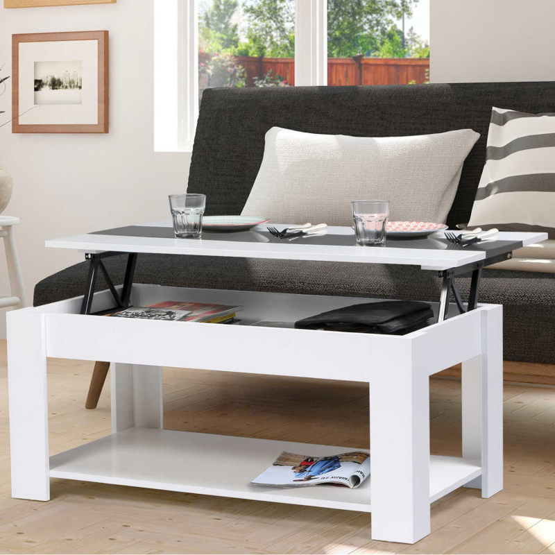 Table basse contemporaine TAO plateau relevable bois blanc et gris