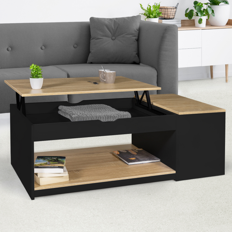 table de salon avec plateau relevable bois noir et façon hêtre