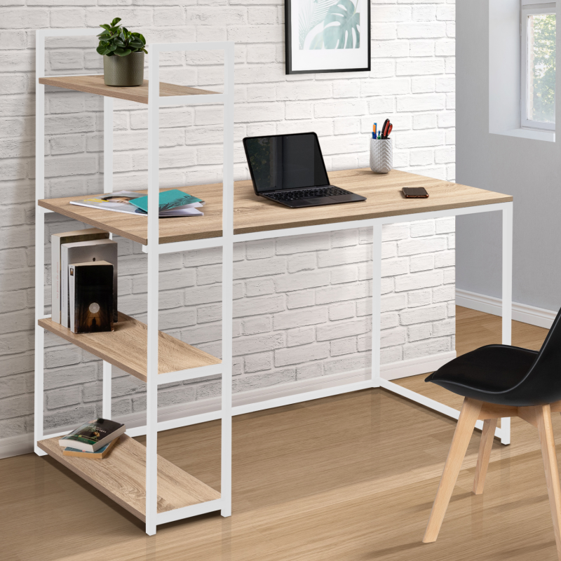 bureau style industriel en métal blanc et bois avec étagères