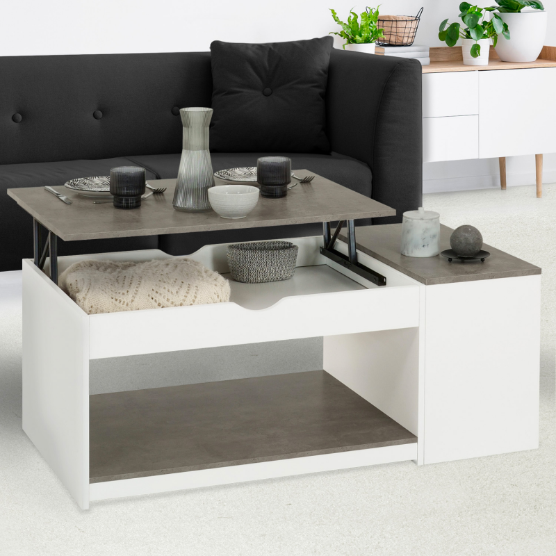 table de salon avec plateau relevable effet béton et bois blanc