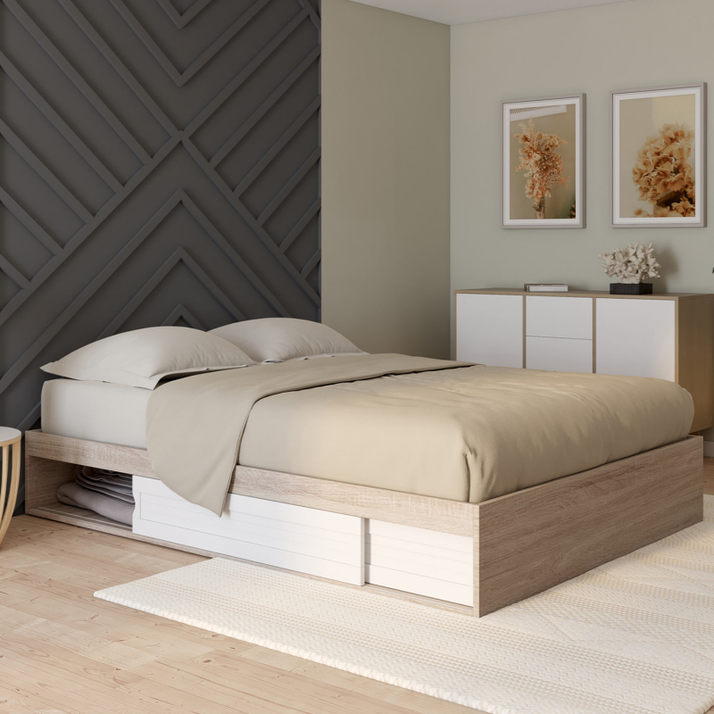 cadre de lit 140x190 cm avec sommier et rangements blanc et bois