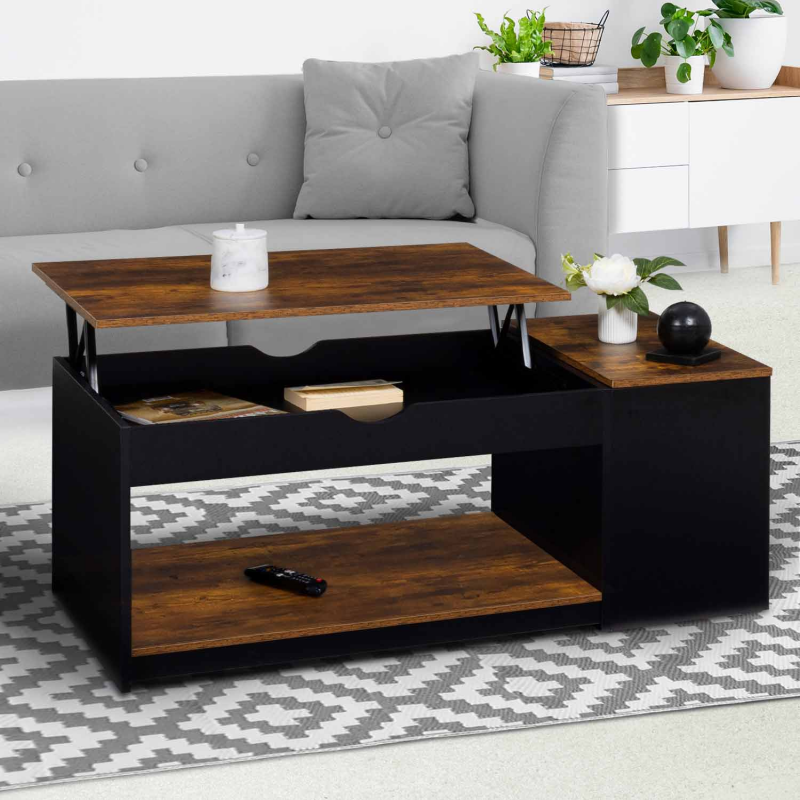 table de salon avec plateau relevable et coffre bois foncé et noir