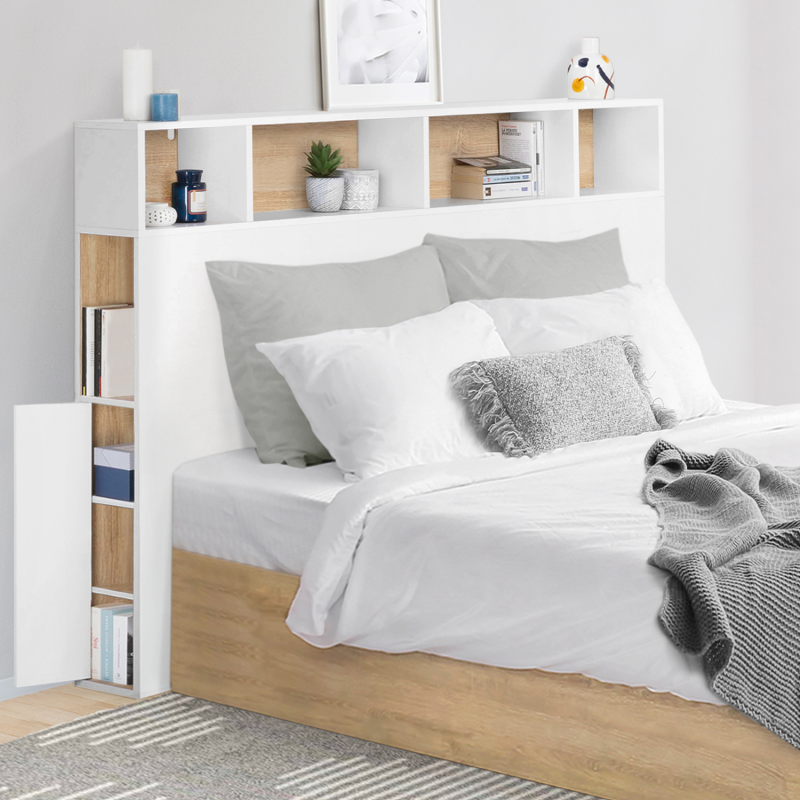 tête de lit avec rangement intégré 145 cm blanc et bois façon hêtre