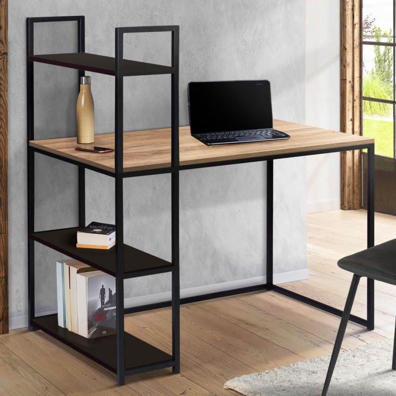 bureau avec étagères style industriel en bois et métal noir