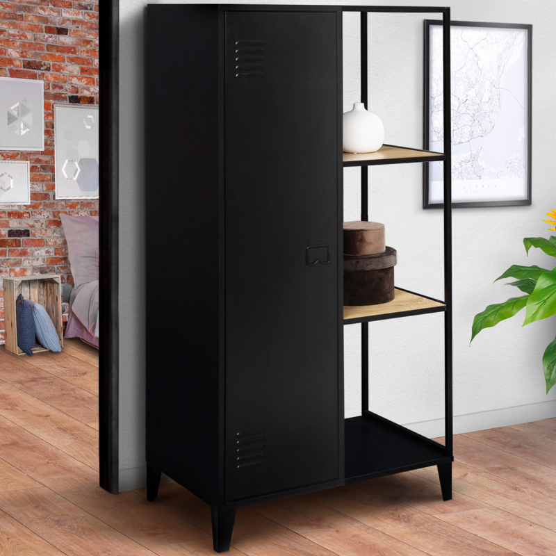 armoire-étagère penderie en bois avec porte métal noir design industriel