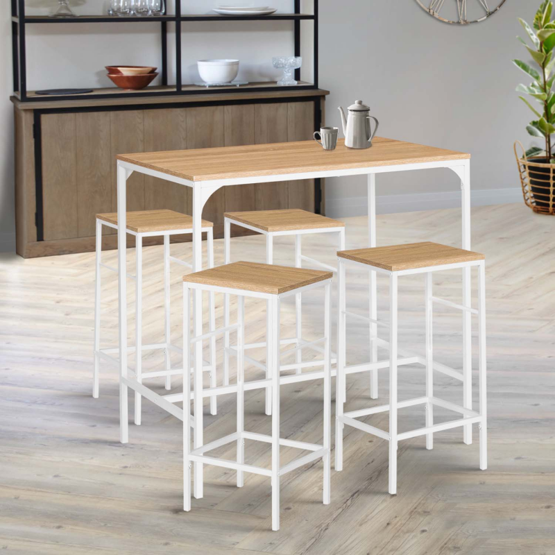 table haute avec 4 tabourets metal blanc et bois style industriel