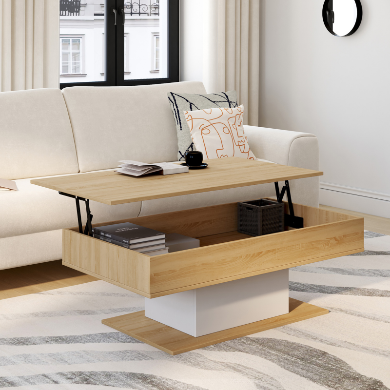 table de salon relevable bois et blanc