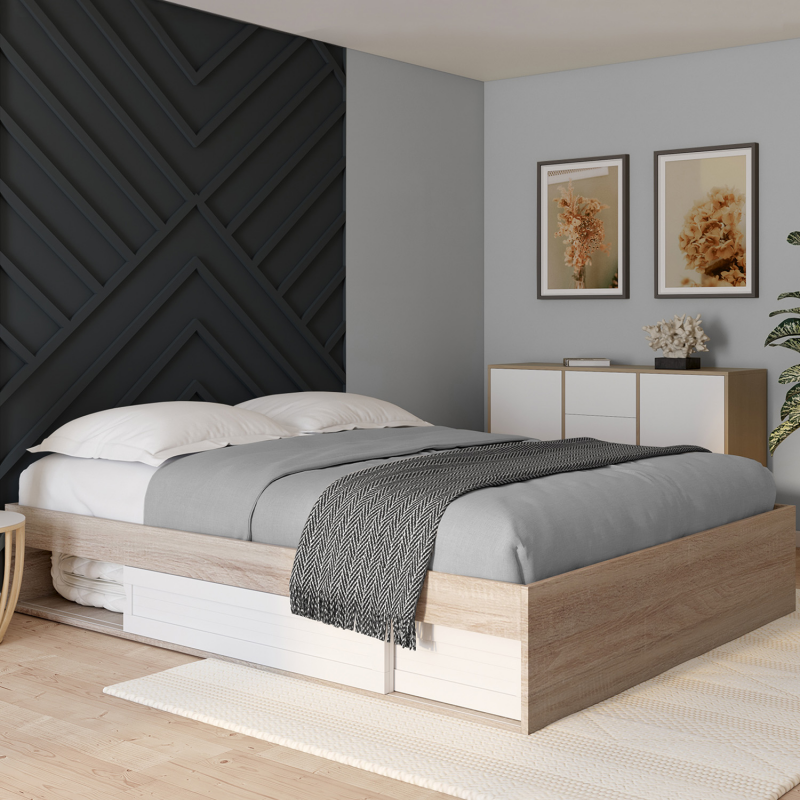 cadre de lit avec rangements et sommier bois et blanc