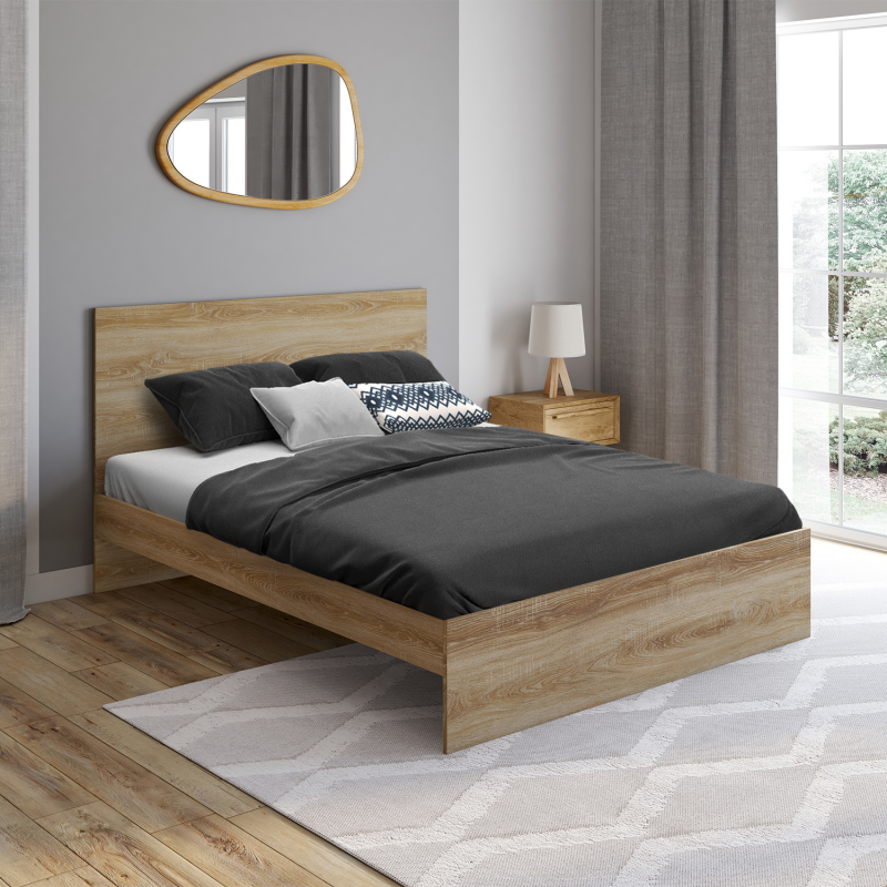 lit double 140x190 cm avec sommier et tête de lit en bois
