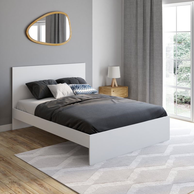 lit double 140x190 cm avec tête de lit et sommier blanc