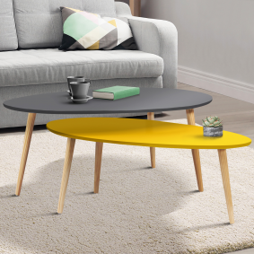 13278 - Tavolini da salotto laccati gialli e grigi Lot de 2 tables basses gigognes scandinaves laquées grise et jaune