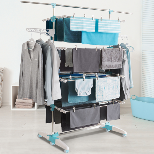 Étendoir à linge inox 4 niveaux pas cher blanc et bleu