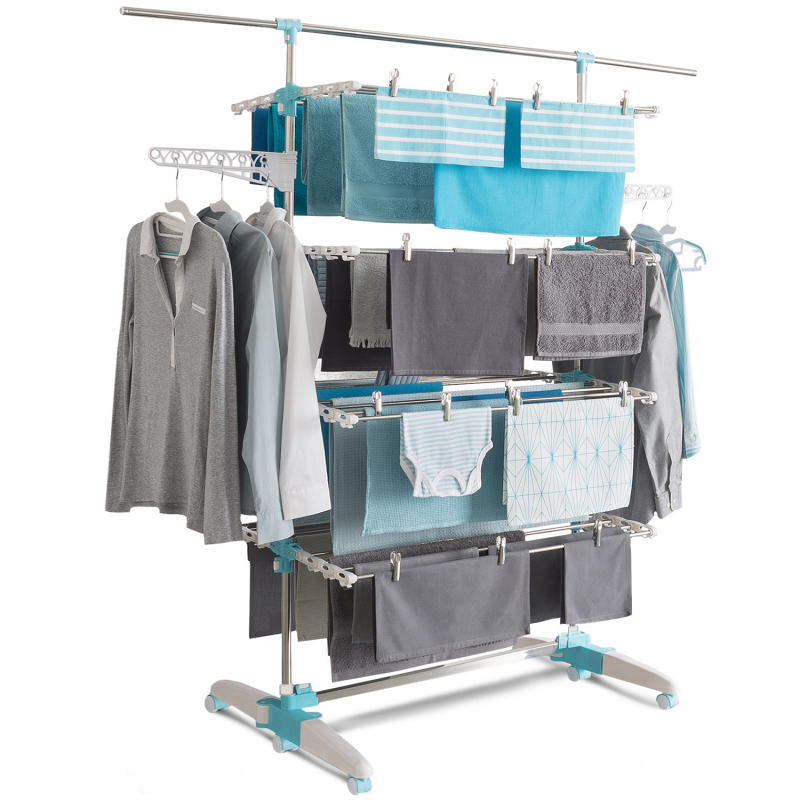 Étendoir à linge inox 4 niveaux pas cher blanc et bleu