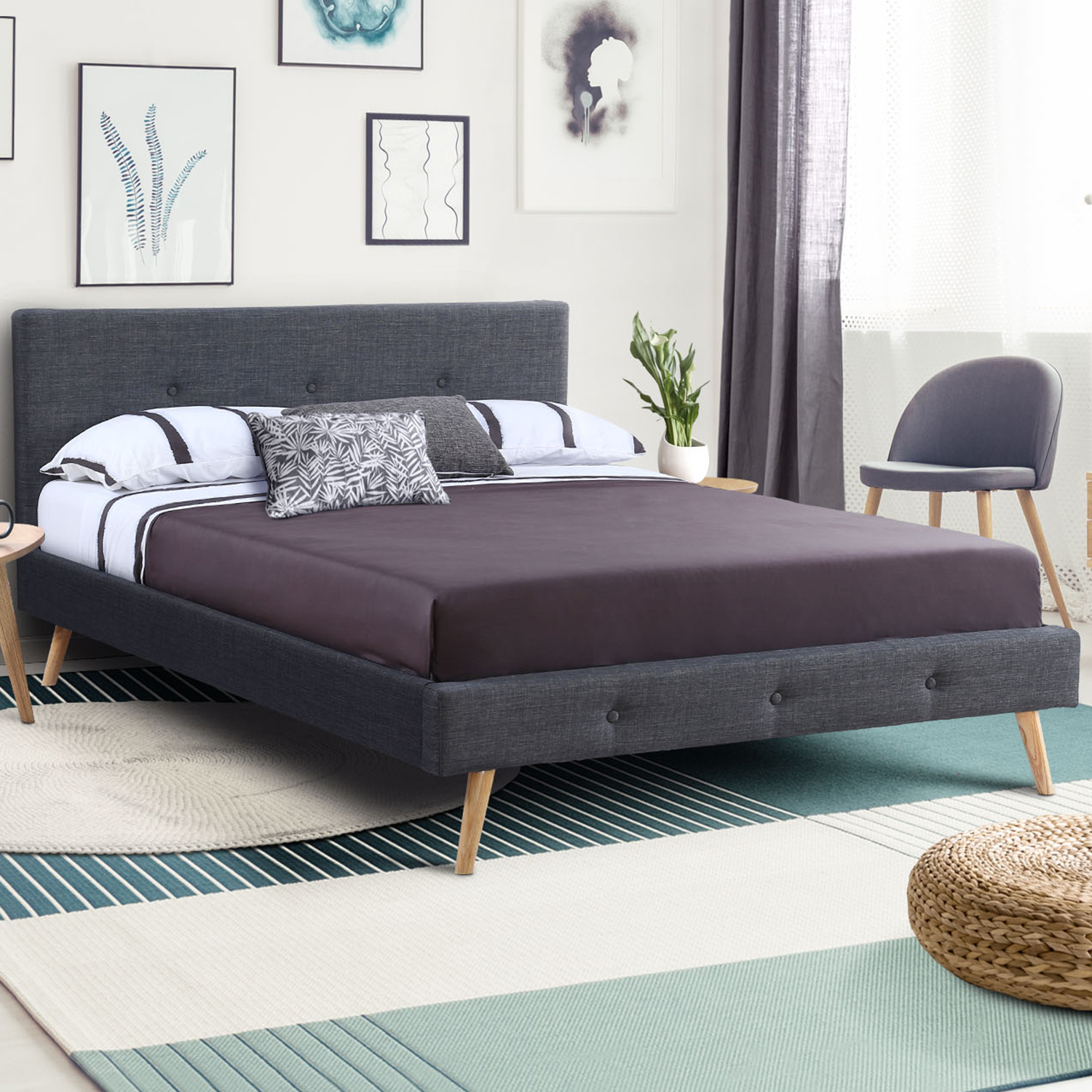 Lit double scandinave Oslo 160x200 cm tissu gris