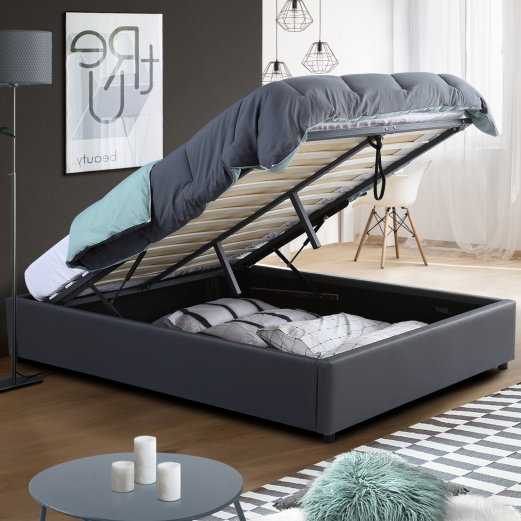 Lit coffre 140x190cm gris avec sommier pas cher - MIAMI