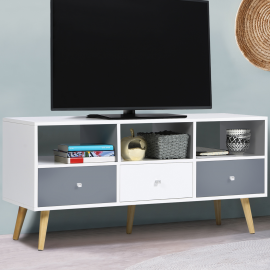 Meuble TV 110 cm scandinave EFFIE 3 tiroirs bois blanc et gris