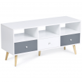 Meuble TV scandinave EFFIE 3 tiroirs bois blanc et gris 110 cm