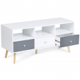 Meuble TV scandinave EFFIE 3 tiroirs bois blanc et gris 110 cm