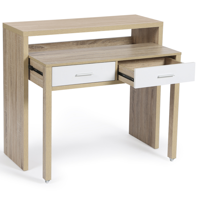 Bureau extensible 2 en 1 pas cher bois blanc et imitation hêtre