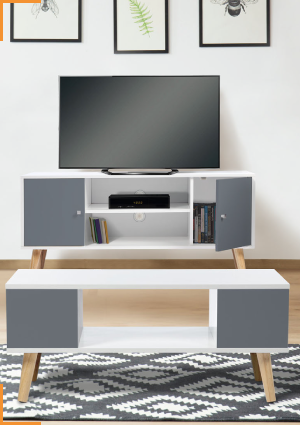 1 meuble TV 2 portes + 1 table basse scandinave bois blanc et gris EFFIE