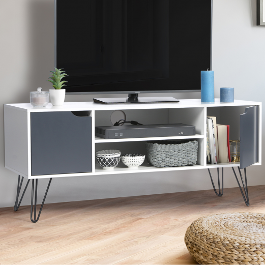 Meuble TV vintage NOEMI pied épingle blanc portes grises