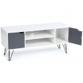 Meuble TV vintage NOEMI pied épingle blanc portes grises