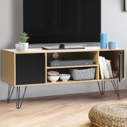 13375 - Porta TV vintage Meuble TV 113 cm vintage NOEMI pied épingle bois portes noires