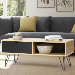 13377 - Tavolino con base a spillo e look vintage Table basse vintage NOEMI pied épingle bois tiroir noir