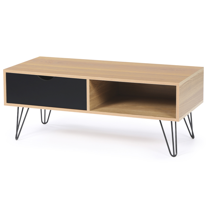 Table basse vintage NOEMI pied épingle bois tiroir noir Table basse vintage NOEMI pied épingle bois tiroir noir