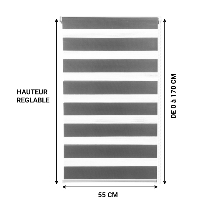Store enrouleur zébré jour nuit l.55 x H. max 170 CM gris x2 Store enrouleur zébré jour nuit l.55 x H. max 170 CM gris x2