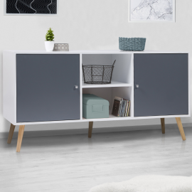 Buffet bas scandinave EFFIE 2 portes bois blanc et gris 140 cm