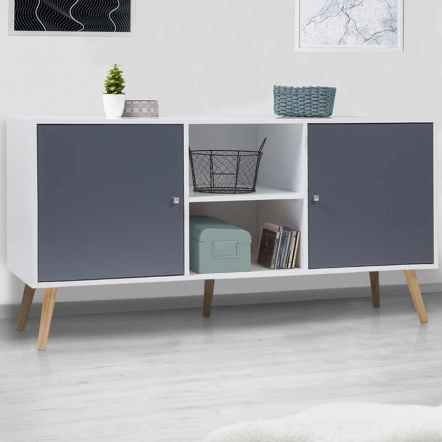 Meuble buffet scandinave blanc et gris 2 portes