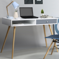 Bureau Scandinave Hugo Avec 3 Tiroirs Et Niche – Blanc Et Bois, Dimensions 90x45x75 Cm, Plateau Spacieux