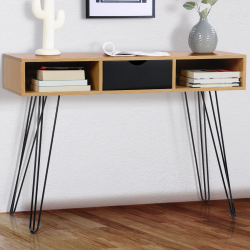 13373 - Meuble console vintage bois et noir Console vintage NOEMI 1 tiroir bois pied épingle