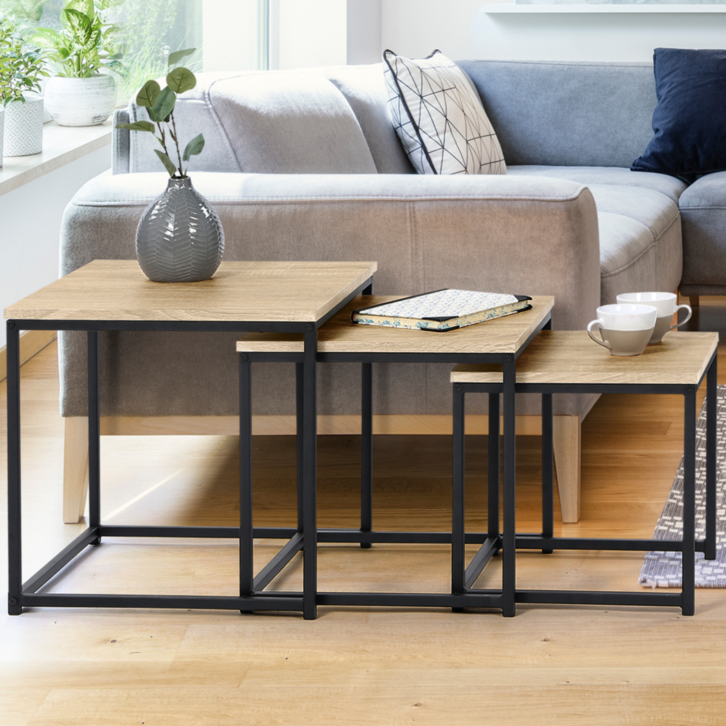 3 tables basses gigognes style industriel carrées | IdMarket Belgique