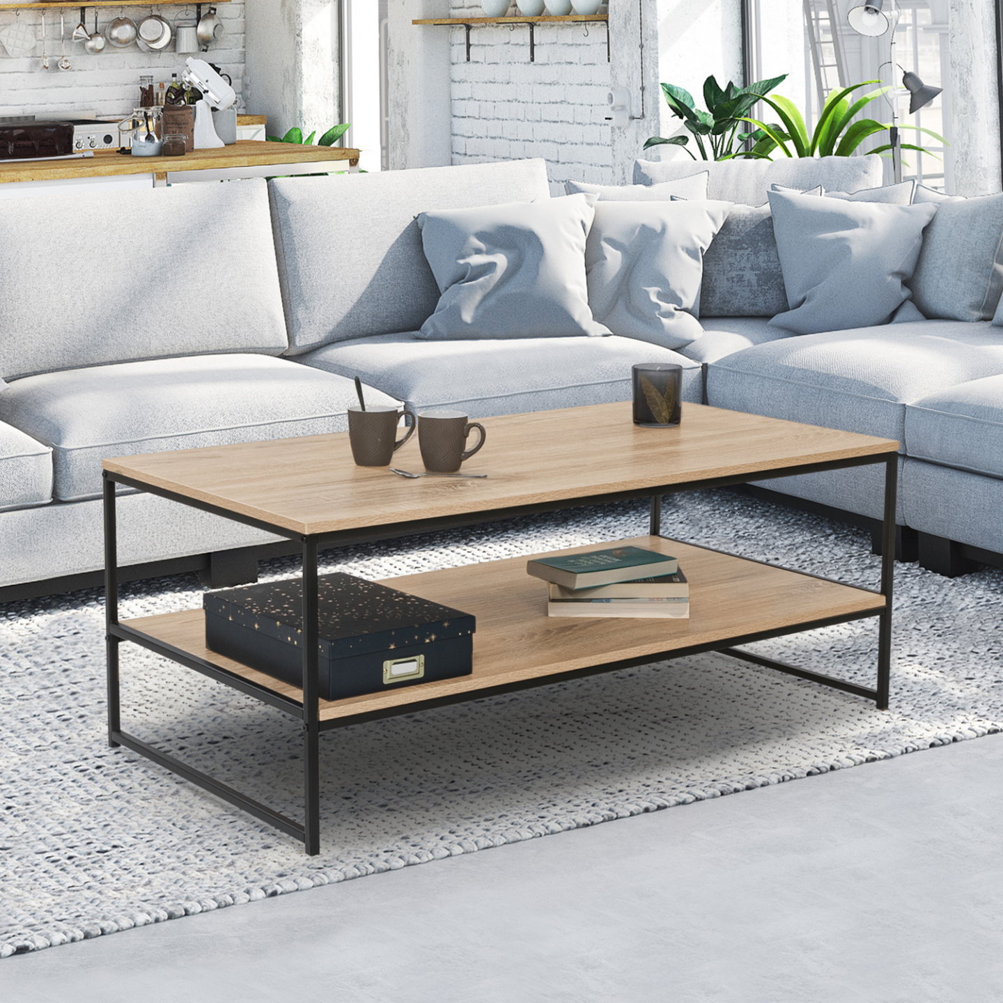IDMarket - DETROIT Tavolino Da Caffè Rotondo 70 Cm Con Doppio Piano In Legno E Metallo, Stile Industriale