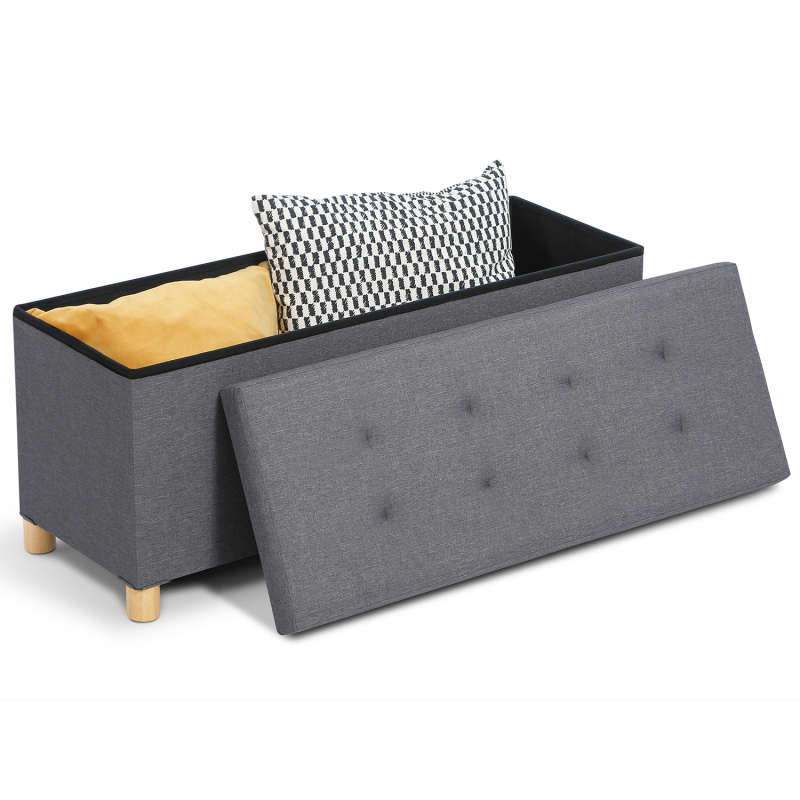 Banc de rangement Dure, bambou et coussin gris