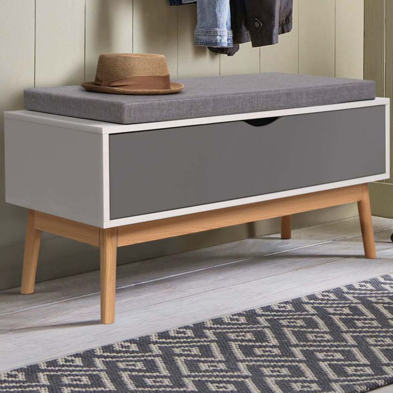 Banc coffre de rangement style scandinave blanc et gris