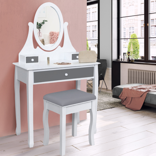 Coiffeuse table de maquillage en bois blanc et gris avec miroir et tabouret