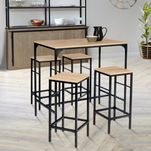 Ensemble table haute de bar DETROIT 100 cm et 4 tabourets design industriel