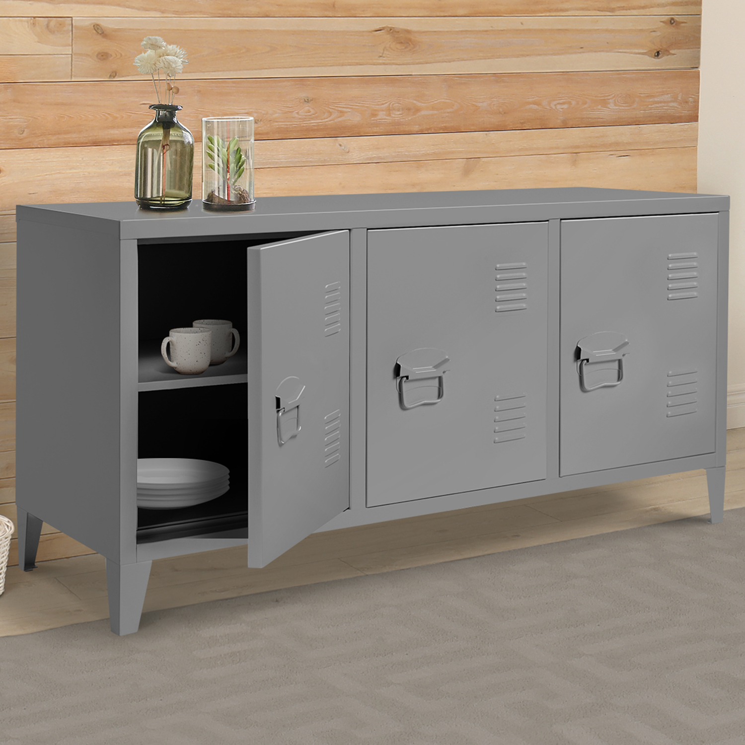 Buffet bas pas cher gris en métal style industriel - ESTEL | ID Market
