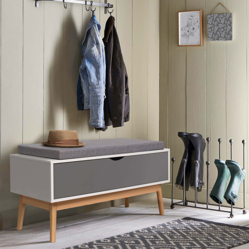 Banc coffre de rangement style scandinave blanc et gris