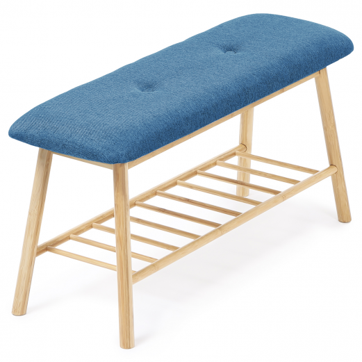 Banc d'entrée capitonné bambou tissu bleu canard