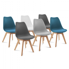 Lot de 6 chaises scandinaves SARA mix color blanc, gris clair, bleu canard x2, gris foncé x2