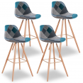 Lot de 4 tabourets de bar SARA motifs patchworks bleus