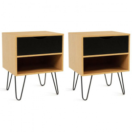 Lot de 2 tables de chevet NOEMI 1 tiroir 1 étagère bois pied épingle