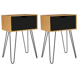 13633 - Comodini in legno e metallo 40x30cm Lot de 2 tables de chevet NOEMI 1 tiroir bois pied épingle